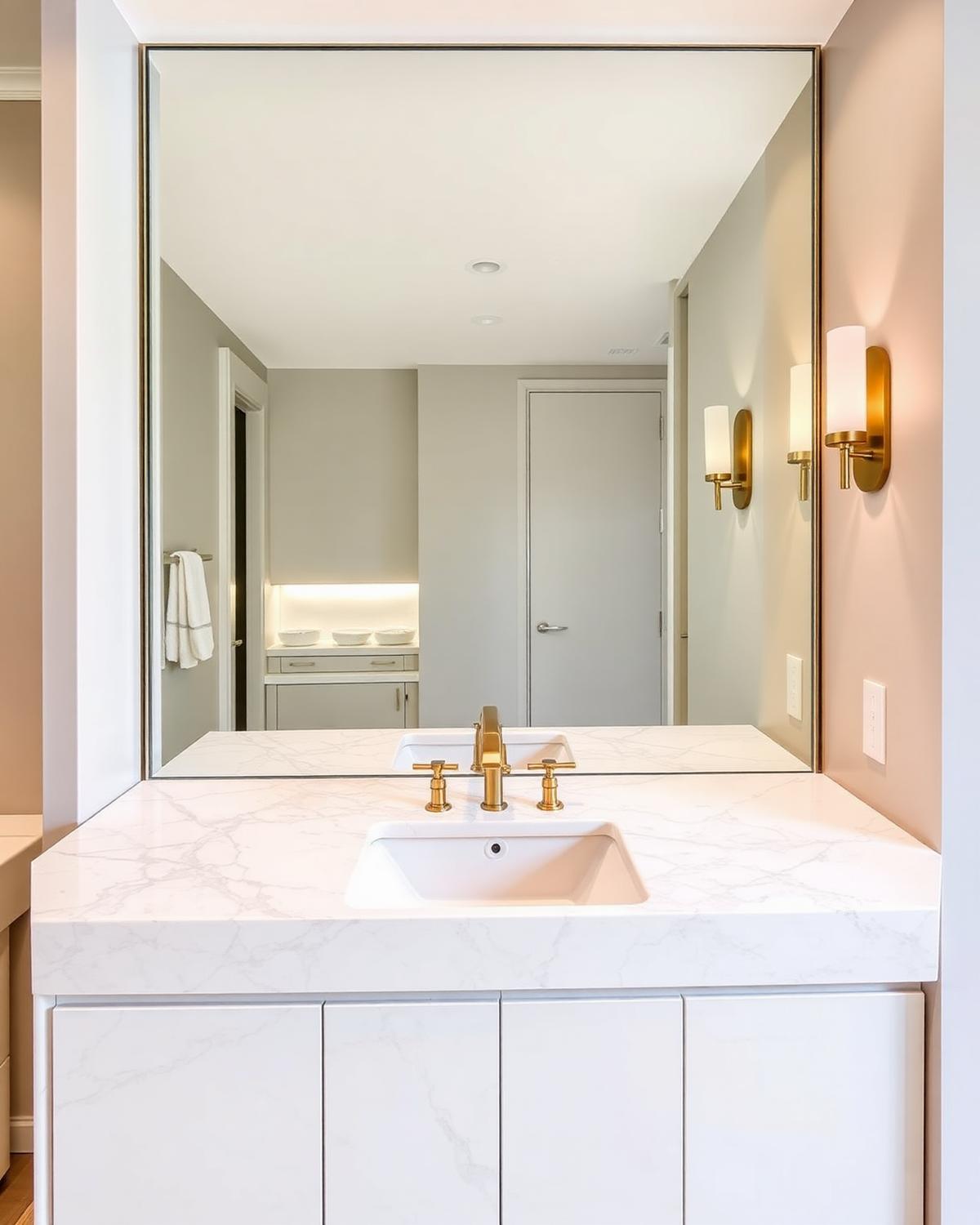 Quartz bathroom vanity with brass fixtures